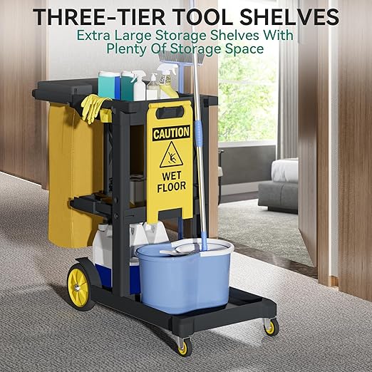 YITAHOME 3-Shelf Cleaning Carts on Wheels, Black Janitorial Cart | 3-Shelf Commercial Traditional Plastic Housekeeping Cart, with 2 Yellow 25 Gallon Vinyl Bag and Pair of Rubber Gloves