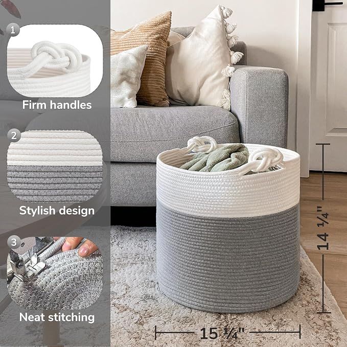 Goodpick Woven Rope Blanket Basket Living Room, 40L, Grey | Small Laundry Basket for Organizing Baby Clothes, Blankets & Pillows, Great for Bedroom Nursery Home Décor