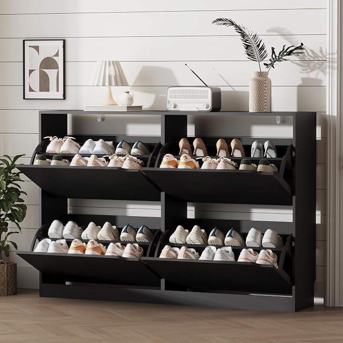 Xixini Shoe Storage Cabinet for Entryway with 4 Flip Drawers, Sturdy Wood Hidden Shoe Storage, Freestanding Narrow Slim Shoe Organizer for Front Door Entrance, Living Room, Hallway, Bedroom, Black