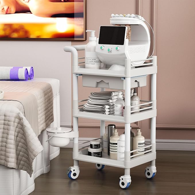 lesolar Medical Trolley 3 Tier Rolling Medical Utility Cart with Dirt Bucket & Drawer Heavy Duty Esthetician Trolley Cart for Spa Beauty Salon Wax