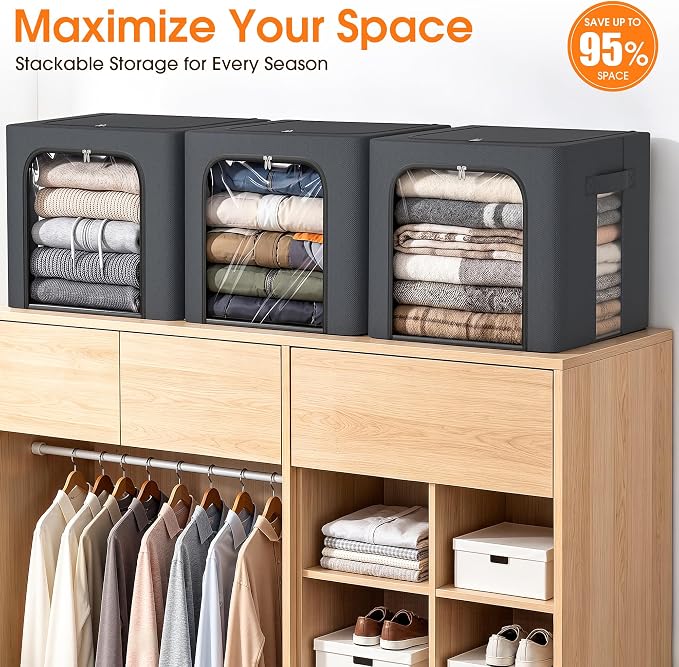 3 Pack Clothes Storage Bins with Metal Frame,40L Storage Bags Fabric Box Organizer with Clear Window,Zippers,Sturdy Handles(3 Pcs,Light Grey,40L)