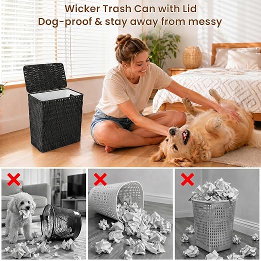 Wicker Trash Can,3 Gallon Bathroom Trash Can with Lid,Handwoven Paper Rope Rattan Waste Basket with Removable Liner and Built-in Handles for Bedroom,Toilet,Narrow Spaces,Black