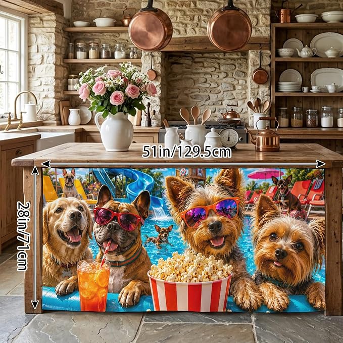Summer Dog Cabinet Curtains 28"x51" Sink Skirt for Bathroom Kitchen, Summer Fantasy Pets Juice Popcorn Pool Country Self Stick Adhesive Under Desk Covers Tall Laundry Cabinet Storage Organizer