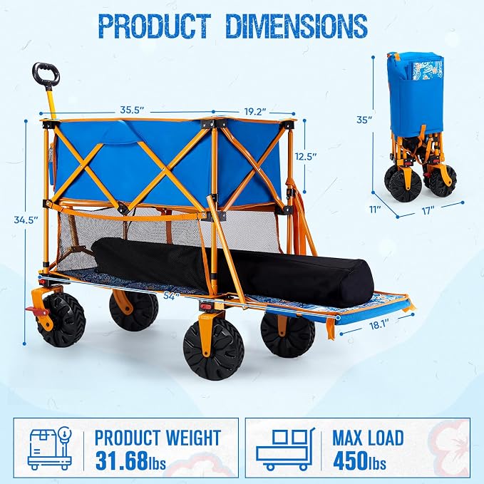 Old Bahama Bay 400L Collapsible Double Decker Beach Wagon with Brakes, Folding Beach Cart with 54" Extra Long Decker, 450LBS Heavy Duty Wagon Chart with All-Terrain Big Wheels for Sand Camping Garden