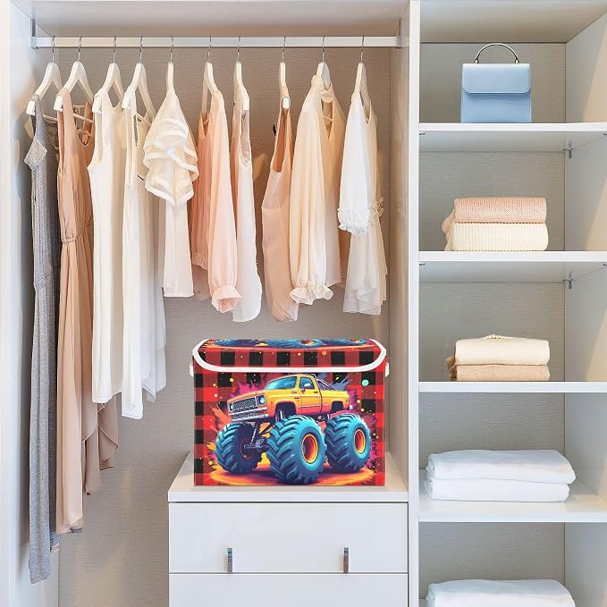 Spatter Trunk Fabric Storage Bins with Lid Closet Storage Basket 40L | Decorative Storage Boxes, Dust-Proof Flip Top, Reinforced Handles, For Home & Bedroom, Clothes & Toy Box, Trunk Fabric Print