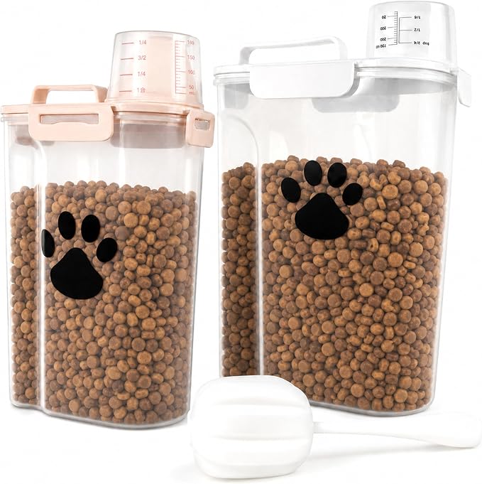 5-7Lbs Dog Storage Container with cleaning brush and Measuring Cup | Airtight Portable Pet Food Containers with Upgraded Large Spout and Cup for Dogs,Cats,Birds,2 Packs（3L+5L） White