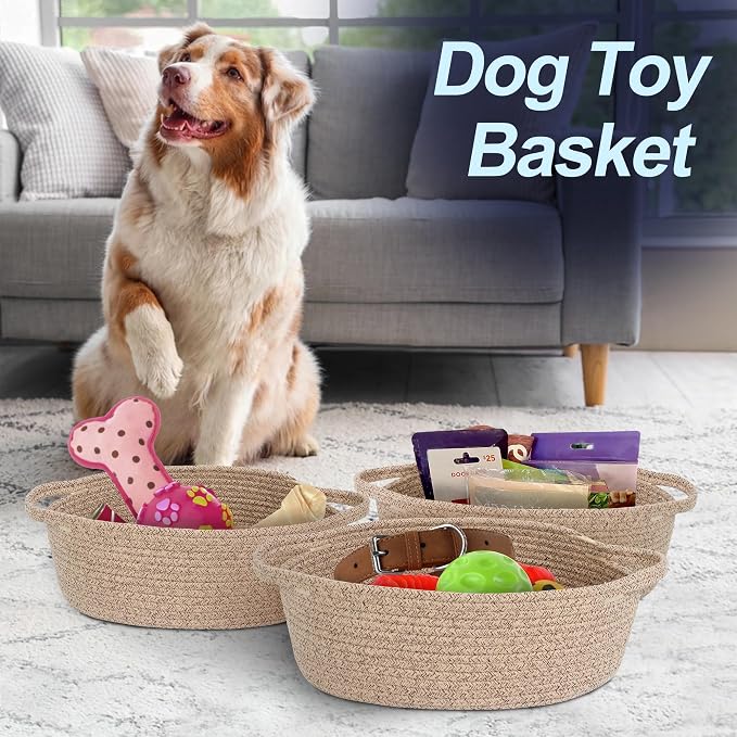 Brown Variegated Small Woven Basket, 13” x 9” x 5” Baskets for Gifts Empty, Cotton Rope Gift Basket, Cute Nursery Baby Organizer, Cat Dog Toy Bin Box, Wicker Storage Bin with Handle