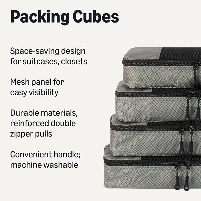 Amazon Essentials 4-Piece Slim Packing Cubes, Travel Accessories Set, Luggage Organizer, Suitcase Organizer with Double Zipper, Mesh Top, Space-Saving, Gray (Previously Amazon Basics)