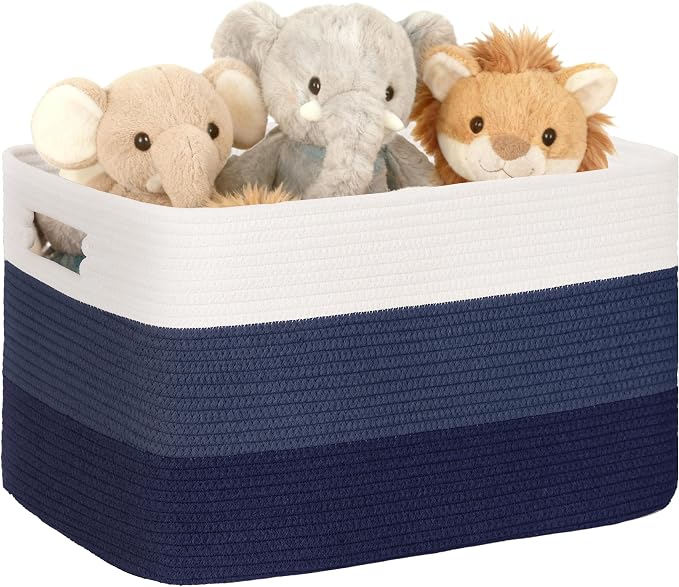 45L Small Woven Laundry Basket Hamper with Handles, Gradient Blue | collapsible wicker hamper, storage for dirty clothes, toys, blankets, gifts, living room, bedroom, bathroom, 18"x14"x11"