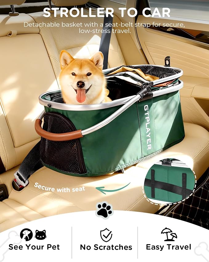 GTPLAYER Pet Stroller for Dogs & Cats, 3-in-1 Foldable Pet Strollers with Detachable Carrier, 360° Swivel Front Wheels & Rear Brakes, Up to 45 lbs, Green
