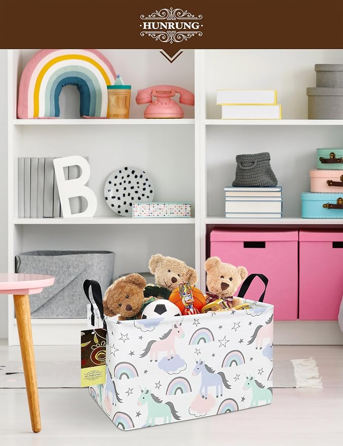 Rectangle Canvas Foldable Storage Basket for Nursery, Star Unicorn | Portable and collapsible cloth receptacle. Stores pet essentials, daily use items