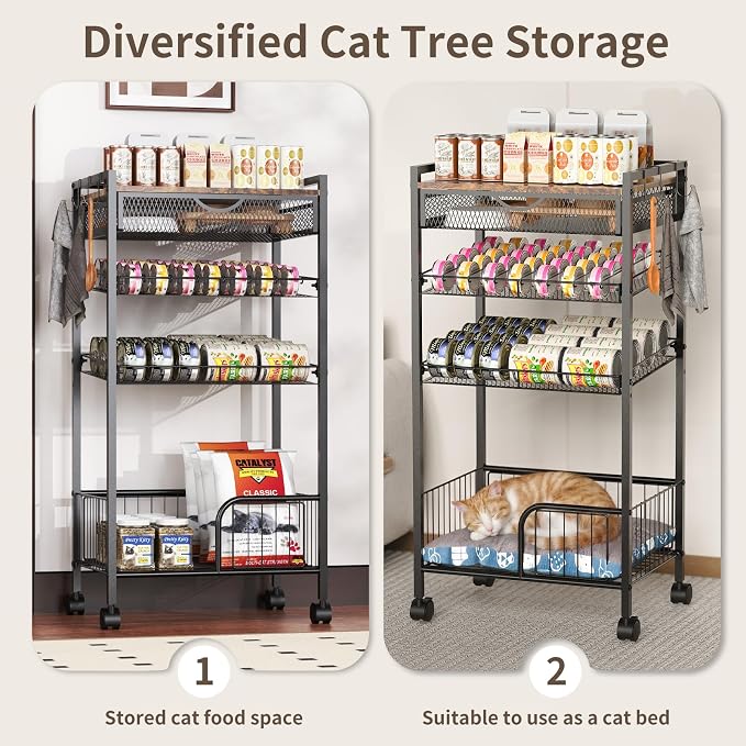 Cat Food Organizer，One-Stop Canned Food and Cat Bed Storage Mobile Rack | Automatic Slip Design,Manually Adjust The Gap Size，Store Suitable Can Sizes，Used For Jar Food & Pet Supplies Assign Rack