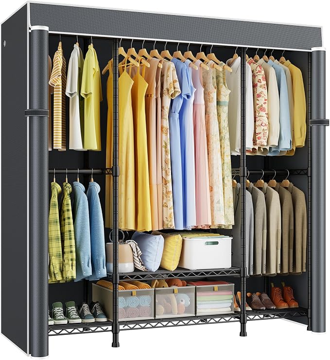 E3C Black Clothes Rack with Gray Cover, Heavy Duty Garment Rack | Freestanding Metal Closet System Storage Organizer for Clothing, Clothing Rack Holds up to 850 lbs, 59.5"W x 16.5"D x 77.4"H