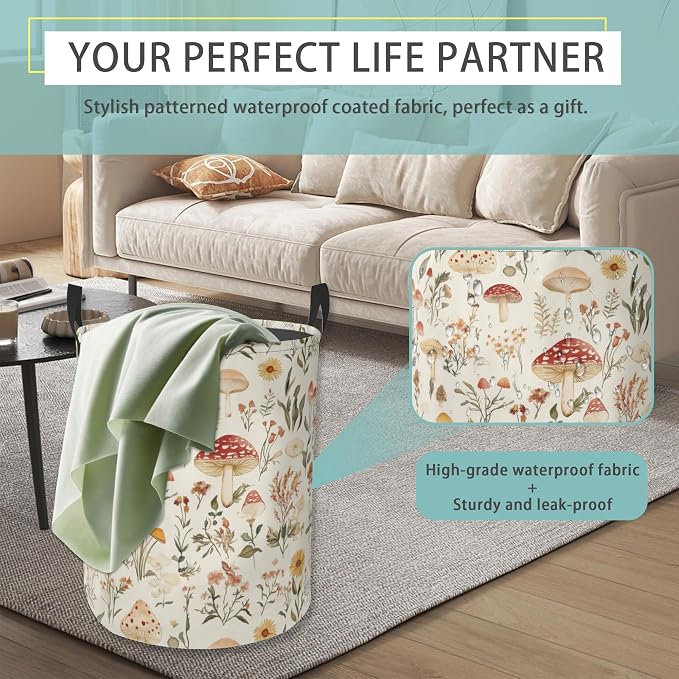 Mushroom Round Laundry Hamper Storage Basket Toys Clothes Organizer Bin For Home Bathroom Bedroom Dorm Nursery
