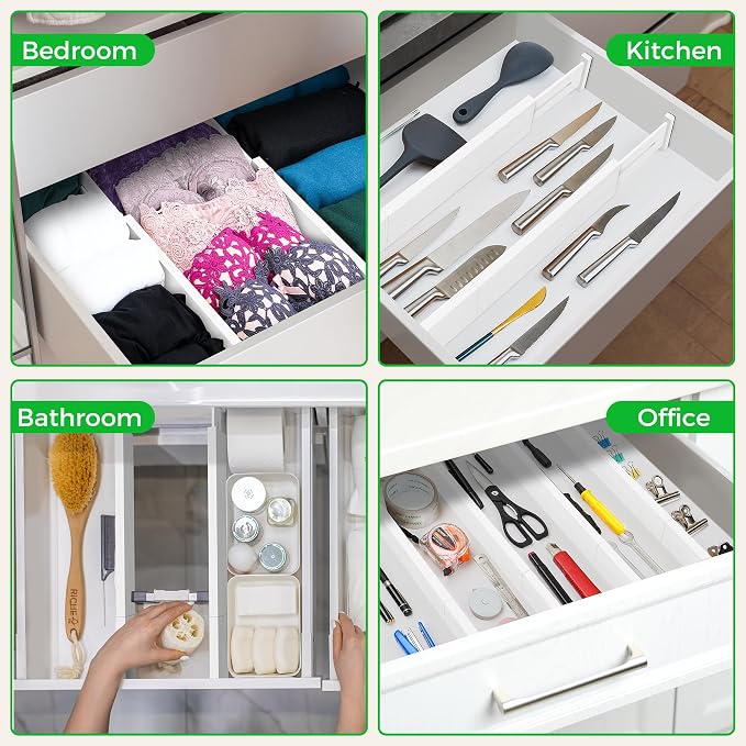 4 Pack Bamboo Drawer Dividers Organizer with Inserts 2.6'' High | Expandable from 12.5-21.7", Adjustable Drawer Organizer Separators for Utensils, Clothing, Office, Dresser, Bedroom, (White)