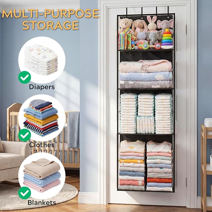 Over the Door Stuffed Animal Storage with Clear Dust Cover | 4 Tier Extra Large Hanging Toy Organizer for Plush Toys, Nursery Bedroom and Kids Room Storage
