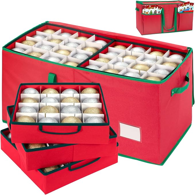 Christmas Ornament Storage Box with Adjustable Dividers and Side Pockets, Large Ornaments Storage Container Bin with Zippered Top for Xmas Decorations (128-3" Balls, Red, With Tray)