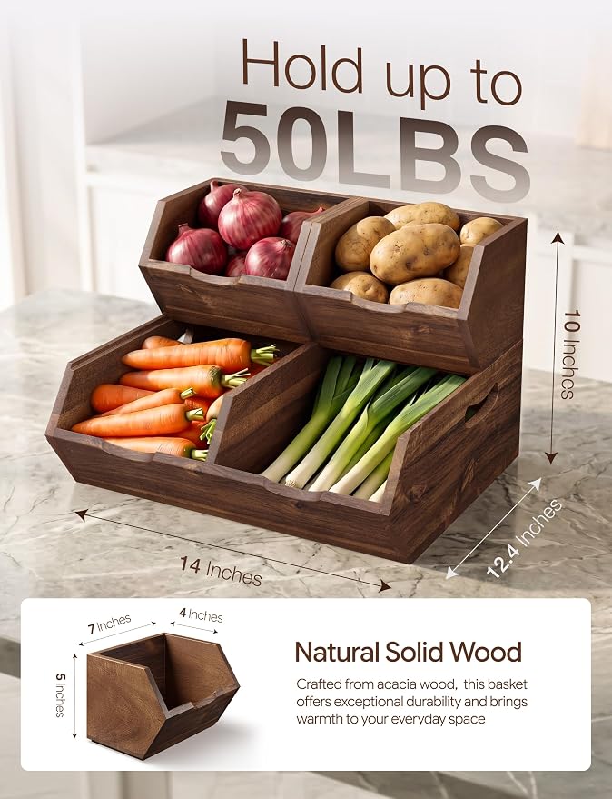 Tidita Acacia Wood Potato & Onion Storage Bin, Stackable (Patent Pending) | Walnut Finish, Solid Acacia Wood, No Assembly, 3 Stackable Bins, Integrated Handles, 50LBS Capacity, Non-Skid Pads, Multi-Use