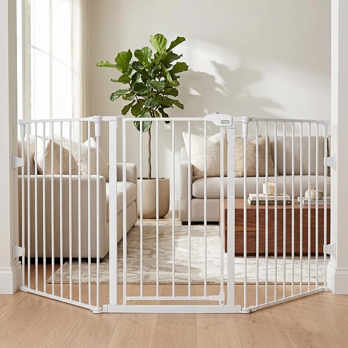 Regalo Safety 28"-76" Super Wide Configurable Baby Gate | Hardware Mounted, For Doorways & Open Spaces, For Babies, Toddlers & Pets, White, Tested & Trusted for 30 Years