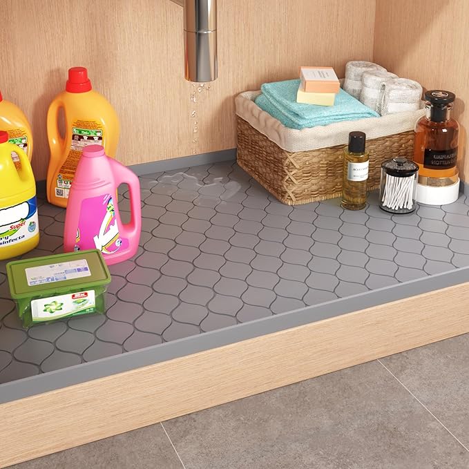 Winisok Waterproof Under Sink Mat 28" x 19", Silicone Mat, Light Gray | Raised Edge Traps Spills & Leaks, Shelf Liner, Cabinet Protector, for Kitchen, Bathroom, Boots, Pets, Home Essentials