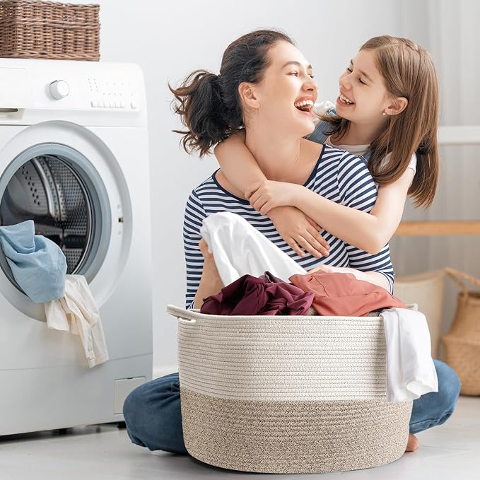 Maliton Woven Rope Blanket Basket Living Room, Storage Basket for Toy, 90L | 22"x14" Cotton Rope Basket. Holds blankets, Toys & Towels & Laundry. For Bedroom, Nursery, Bath & Playroom. Soft & Durable