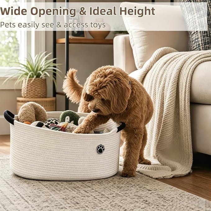 Optish 40L Extra Large Dog Toy Basket, 20" x 14" x 9" XL Toy Storage Box and Bin with Handles, Woven Cotton Rope Foldable Basket for Blankets, Living Room, Bedroom, Home Decor, White