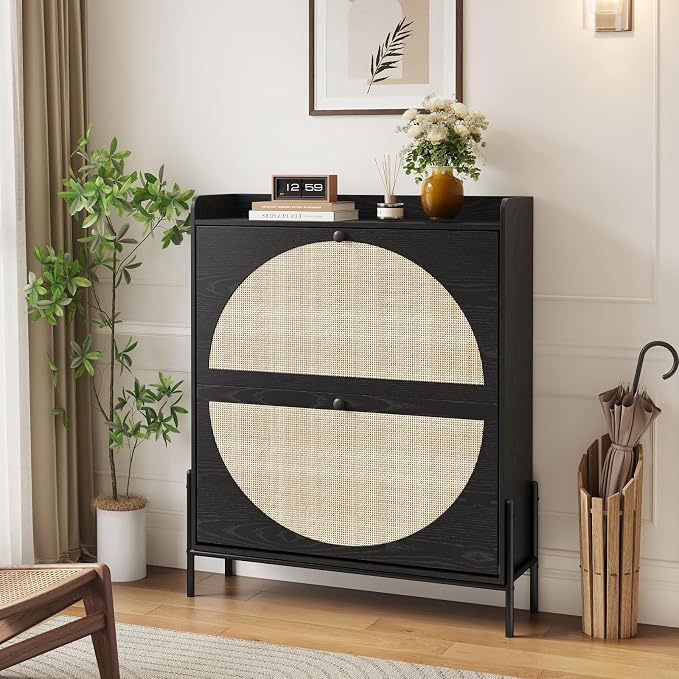 Rattan Shoe Cabinet Storage,Narrow Shoe Rack for Entryway with 2 Flip Drawers, Freestanding Wooden Shoe Organizer Cabinet with Metal Legs for Hallway