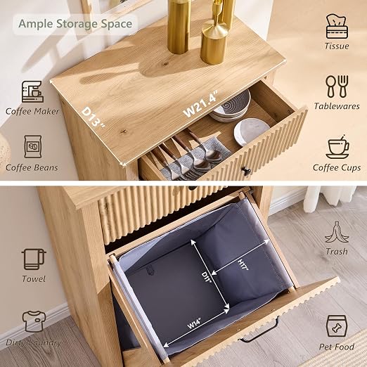 IFGET Tilt-Out Trash Can Cabinet, Fluted Laundry Hamper Cabinet,Natural Oak