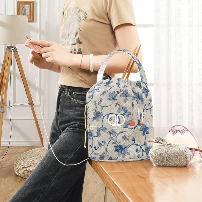 Tatenale Crochet Bag Yarn Bag Knitting Project Bag with Pockets and Handle Portable Yarn Storage Organizer Tangle Free 8.3x11 InchWatercolor Blue and White Flower21