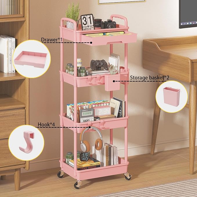 4 Tier Rolling Utility Cart with Drawer, Plastic Storage Organizer Rolling Carts with Wheels Handles Hanging Cups Hooks for Office, Bathroom, Kitchen,Craft Art Room (Pink)