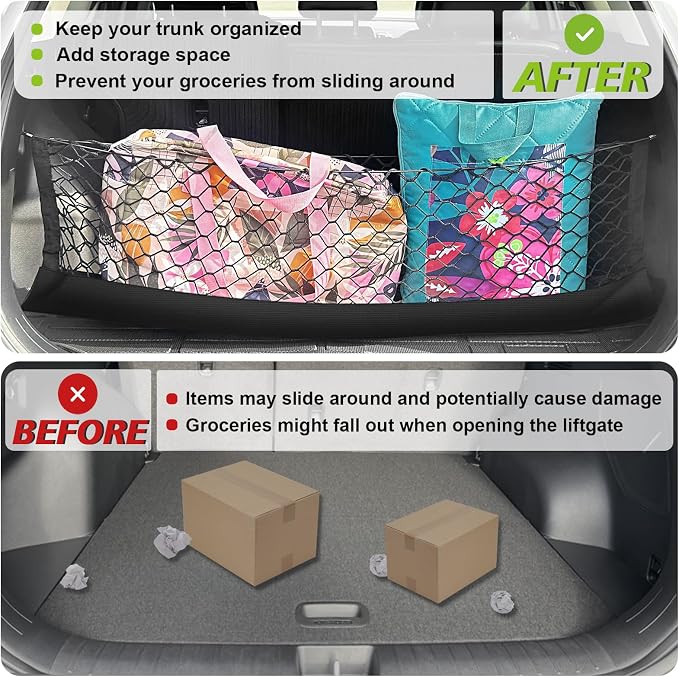 Muslogy Cargo Net for 2023 2024 2025 2026 Kia Sportage Accessories | Custom Fit, Trunk Storage Organizer Net for SUV Sedan Van Divider, with Heavy Duty Carabiners, Night Visible Grab Handle