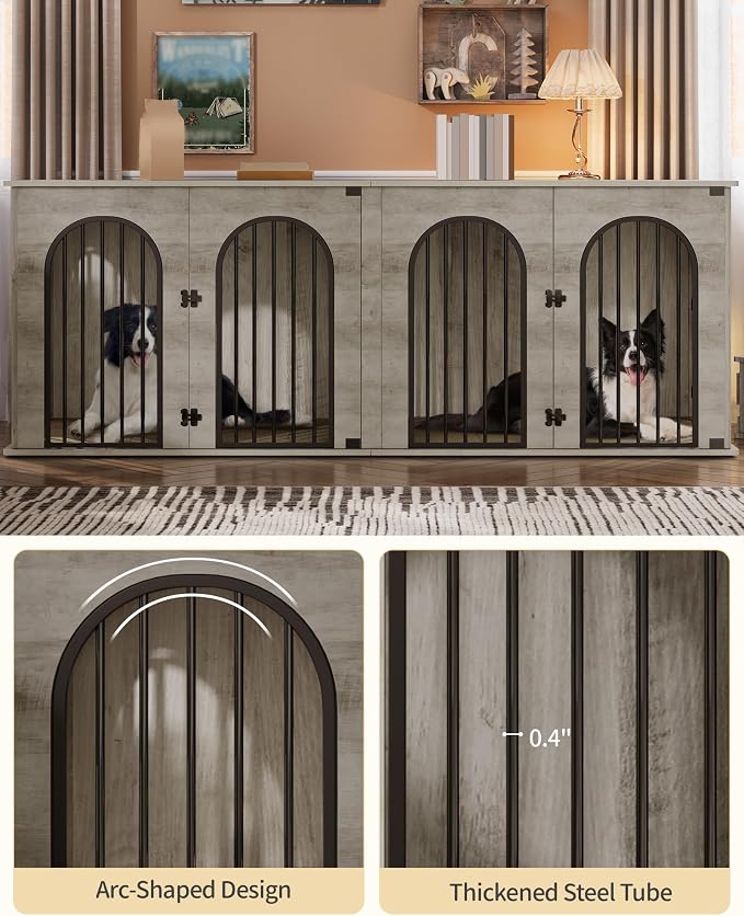Hzuaneri 86.6" Double Dog Crate Furniture, Dog Kennel Indoor with Cushion | Heavy Duty Dog Crate Furniture for 2 Dogs,Dog Cage End Table TV Stand with Divider for Med-Large Dog,Greige Black DFC84005BV1
