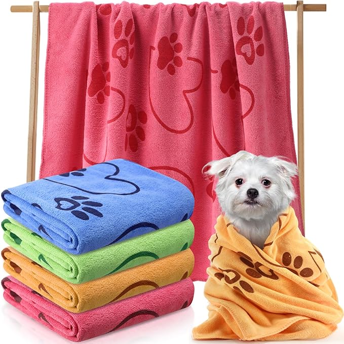 Fanfanwin 4 Pcs Dog Bath Towels Microfiber Drying Dog Towel Absorbent Pet Heart Paw Towels for Medium Dogs Puppy Cats Pets Shower(Blue, Yellow, Pink, Apple Green)