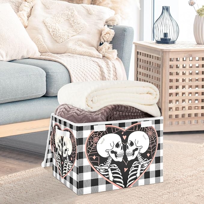 Fabric Storage Bins with Lid Love Skull Closet Storage Basket 40L | Decorative Storage Boxes, Dust-Proof Flip Top, Reinforced Handles, For Home & Bedroom, Clothes & Toy Box, Skull Fabric Print