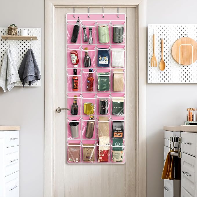 Simple Houseware 24 Pockets Large Clear Over the Door Shoe Organizer, Pink | 56" x 22.5", 4 Durable Metal Hooks, 5" x 9" Pocket Size, Multipurpose