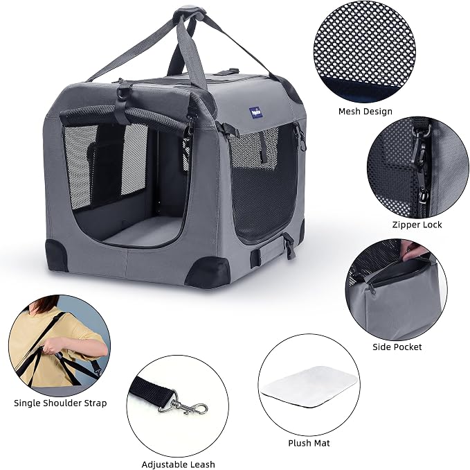 Petprsco Portable Collapsible Dog Crate, 24" Soft Dog Crate for Car Travel | Includes Mat, Blanket & Bowl, Strong Fabric, 4-sided Mesh Vents, 3 Doors, Fit Small Dogs & Large Cats Indoor and Outdoor Use
