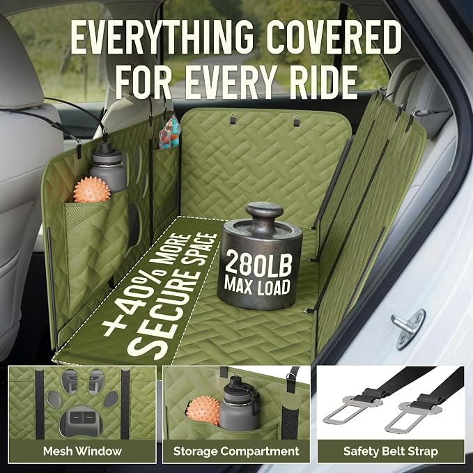 Dog Car Seat Cover for Back Seat - Dog Hammock Car with Safety Backseat Extender Belt Strap, Washable Mat - Hard Bottom Pet Backseat Cover 280lbs Max Load, Protector Carseat Bed for Truck SUV