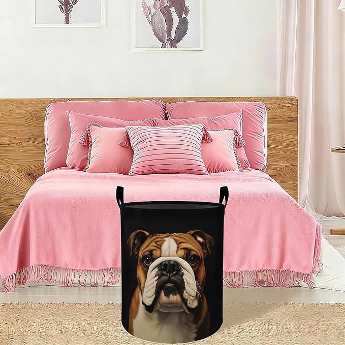 Bulldog Laundry Basket Hamper 19.7"x15.8", Organizer Bins Gifts for Women Men Adults, Cute Dog Foldable Waterproof Oxford Clothes Storage Bucket for Bedroom Bathroom Decor