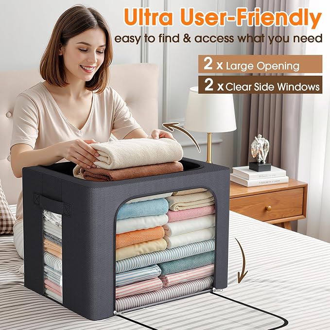 6 Pack Clothes Storage Bins with Metal Frame,40L Storage Bags Fabric Box Organizer with Clear Window,Zippers,Sturdy Handles(6 Pcs,Light Grey,40L)