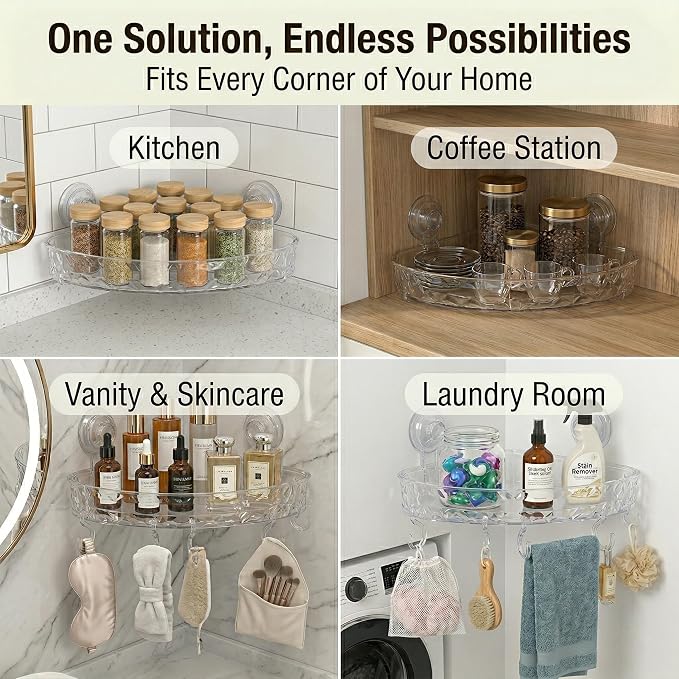 Corner Shower Caddy with Suction Cups, No Drill Corner Shower Shelf Organizer with Hooks, Clear Shower Storage Rack for Tile, Glass & Smooth Surfaces, White/Clear
