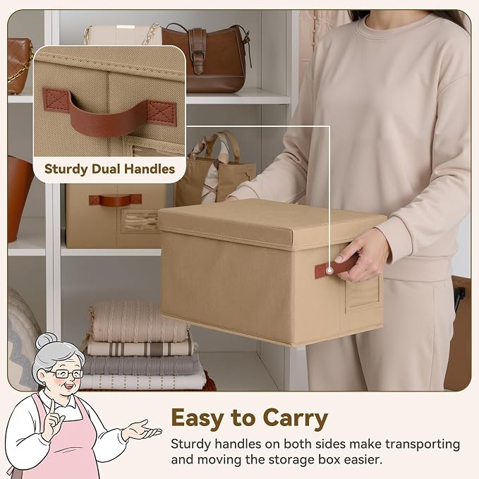 GRANNY SAYS Storage Bins with Lids, Decorative Storage Boxes with Lids | Storage Box with Dust Cover, Handles & Lable, Collapsible, Ideal for Closet Clothes Blanket Toys, Medium, Brown, 3-Pack