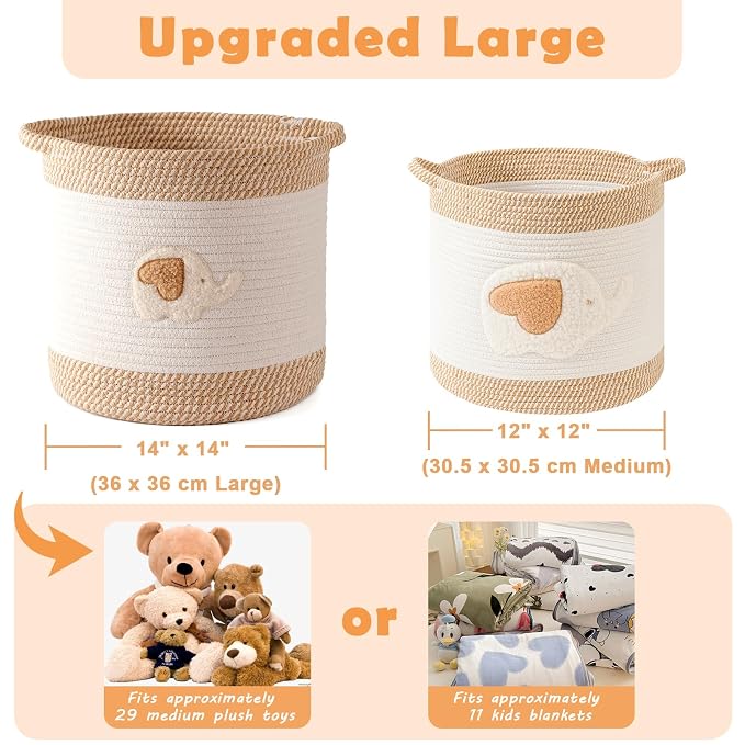 Large Blanket Baskets for Living Room Decor, Toy Storage Baskets 14" x 14" Woven Cotton Rope Storage Basket for Kids, Dog Toys Organizer Clothes Hamper with Embroidery for Nursery Laundry, Elephant