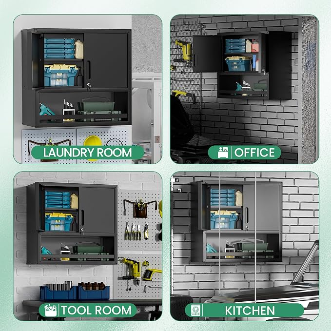 Garage Wall Cabinet,29.5" W Wall Mounted Garage Cabinets with Adjustable Shelf,Heavy Duty Lockable Metal Cabinet,Secure Hanging Tool Cabinet for Basement,Laundry Room,Workshop,Black