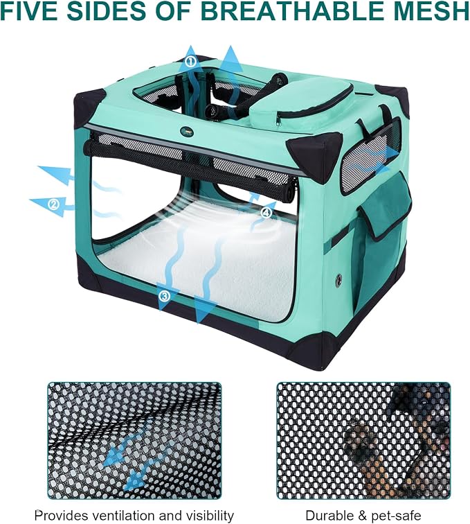 Ownpets Collapsible Travel Dog Crate for Large Dogs, 30x21x21 inches, Green | Foldable, Portable, 4-Doors, 4-Side Mesh Windows, Steel Frame Oxford Cloth, Soft Cushion Mat, Leash, Easy Setup