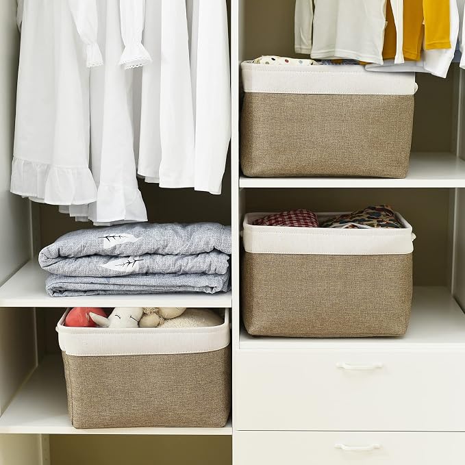Organization and Storage Basket for Gifts Empty - 16x12x12 inch Cube Storage bin 3 Pack Fabric Storage Cubes, Collapsible Baskets for Organizer Closet Cloth Gift Toy (White & Khaki)