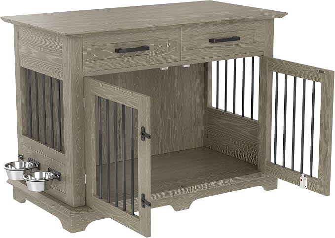 44.48" Large Dog Crate Furniture, Indoor Kennel Furniture with 2 Storage Drawers and Rotating Bowls, End Table, Wooden Dog Crate for Medium Dogs, Gray