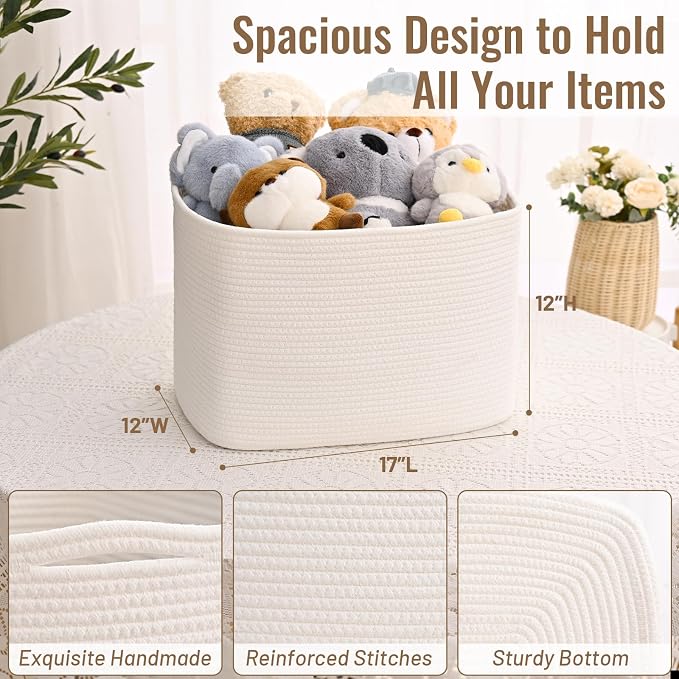 3 Pack Cube Storage Bin, 17”x12”x12” Cotton Rope Woven Baskets for Organizing Toys Clothes Towels, Square Gift Storage Baskets for Shelves, Nursery, Closet, Bathroom, Pantry (White)