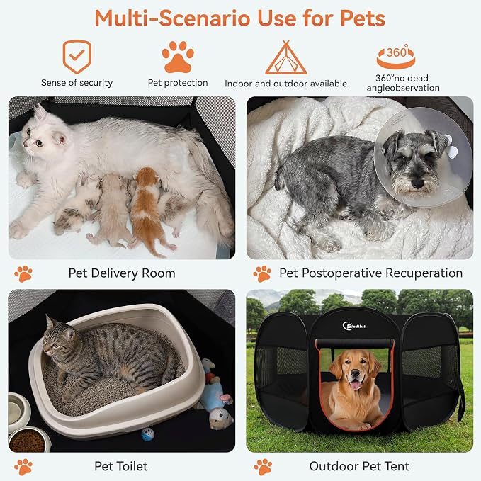Siedihit Dog Playpen, Large Puppy Pet Playpen, Dog Crate Tent Cage Indoor | Outdoor, Portable Pop Up Dogs Kennel Playpen with Carrying Case for Dogs/Cats/Rabbits, Black