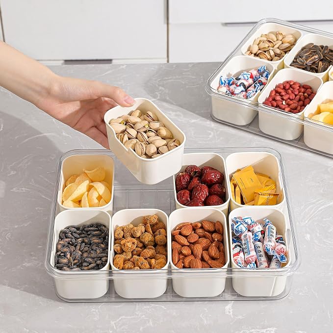 2Pcs Snackle Box Snack Containers with Lid Divided Serving Tray with Handle | Portable Snack Platter Fruit Veggie Trays Snackele Box Containers for Charcuterie, Party, Snack, Nuts, Beach, Travel, Picnic