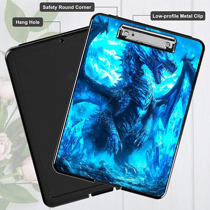 Blue Snow Dragon A4 Clipboard with Storage Pen Holder, Clipboards Organizer Nursing Clipboard Foldable File Folder Plastic Clipboard Folio Clip Board for Office Students Classroom Doctor